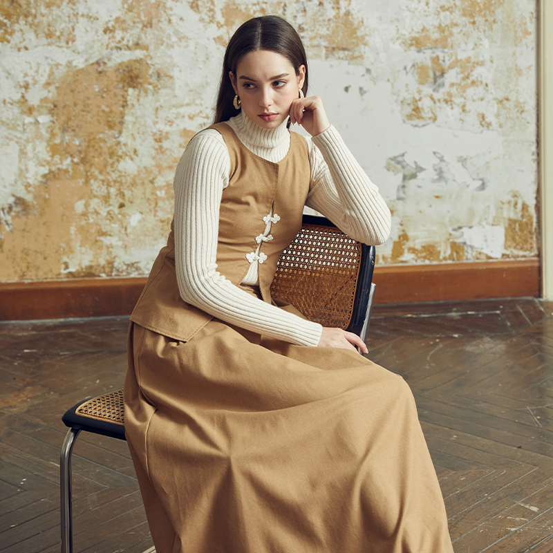 Brown buttoned vest two-piece set