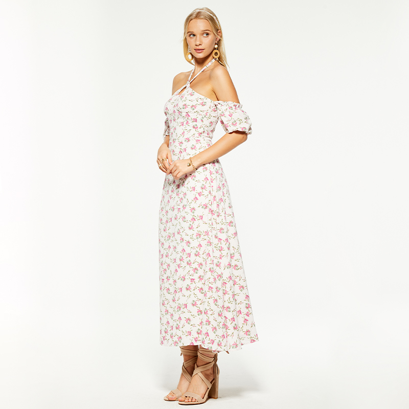 Resort halterneck puff sleeves backless maxi dress