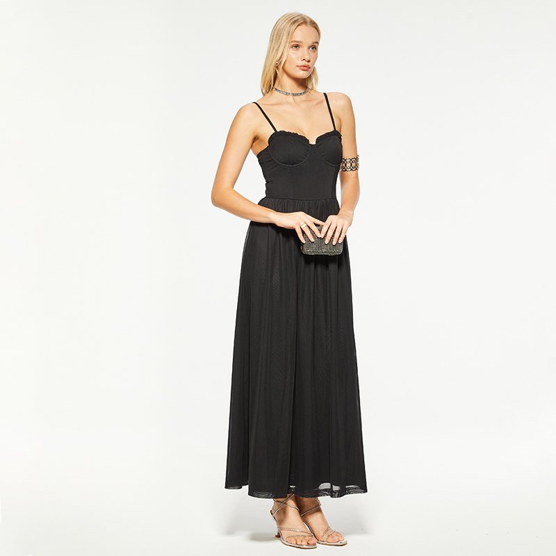 Formal black waisted lace trim long mesh dress