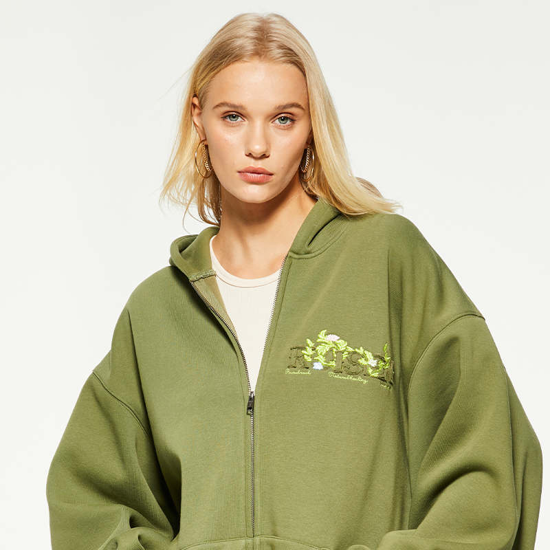 OEM casual loose printed zipper hooded sweatshirt