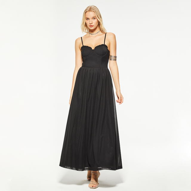 Formal black waisted lace trim long mesh dress