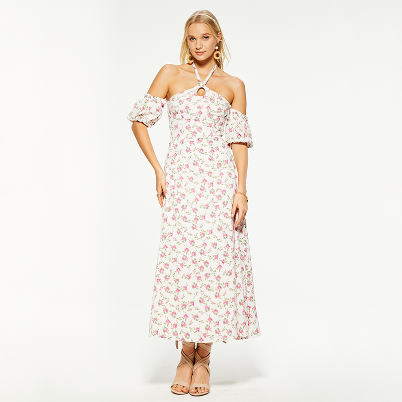 Resort halterneck puff sleeves backless maxi dress
