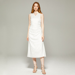White v-neck sleeveless pleated waist long dress