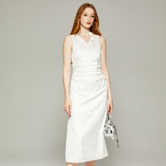 White v-neck sleeveless pleated waist long dress
