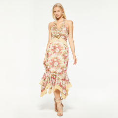 Halterneck v-neck floral print irregular hem dress