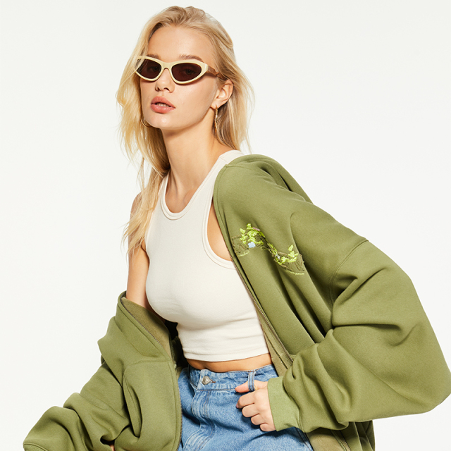 OEM casual loose printed zipper hooded sweatshirt