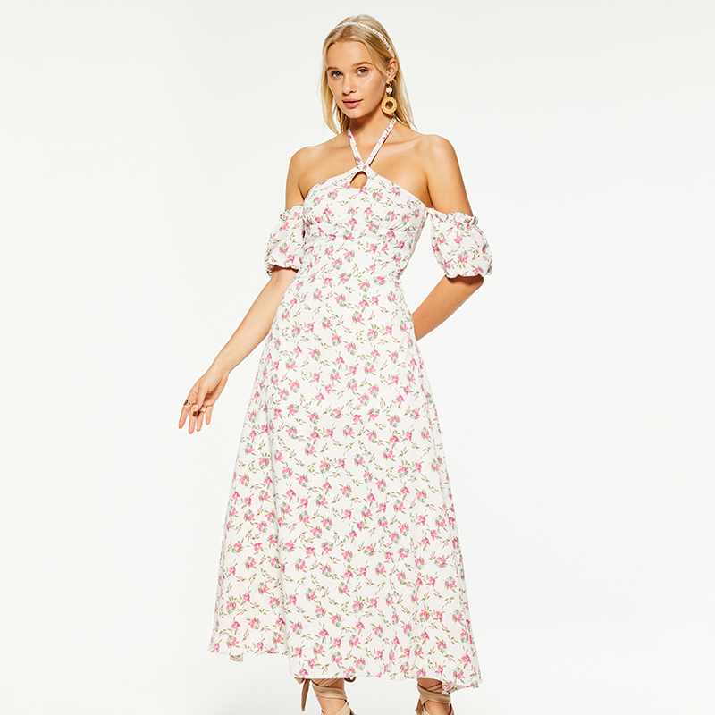 Resort halterneck puff sleeves backless maxi dress