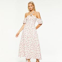 Resort halterneck puff sleeves backless maxi dress
