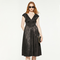 Black vintage v-neck lace trim suede dress