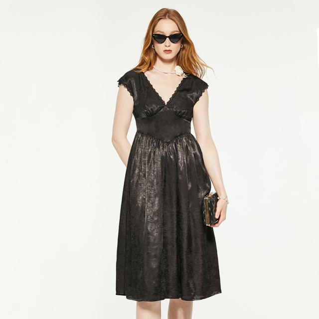 Black vintage v-neck lace trim suede dress