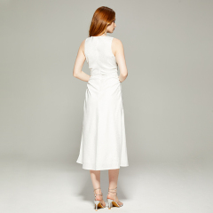 White v-neck sleeveless pleated waist long dress
