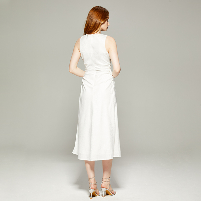 White v-neck sleeveless pleated waist long dress