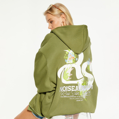 OEM casual loose printed zipper hooded sweatshirt