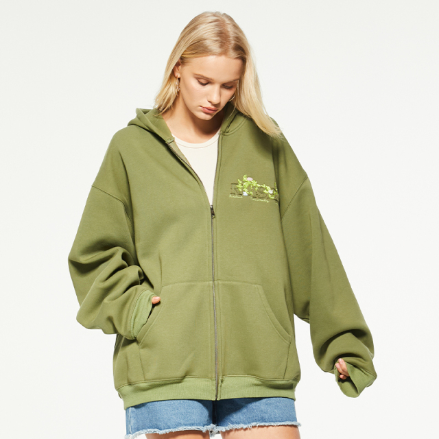OEM casual loose printed zipper hooded sweatshirt