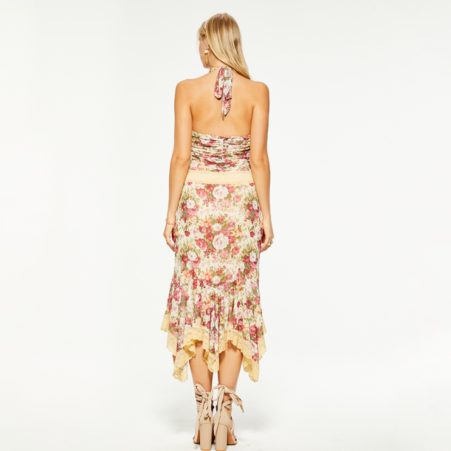 Halterneck v-neck floral print irregular hem dress