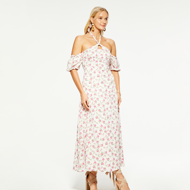 Resort halterneck puff sleeves backless maxi dress