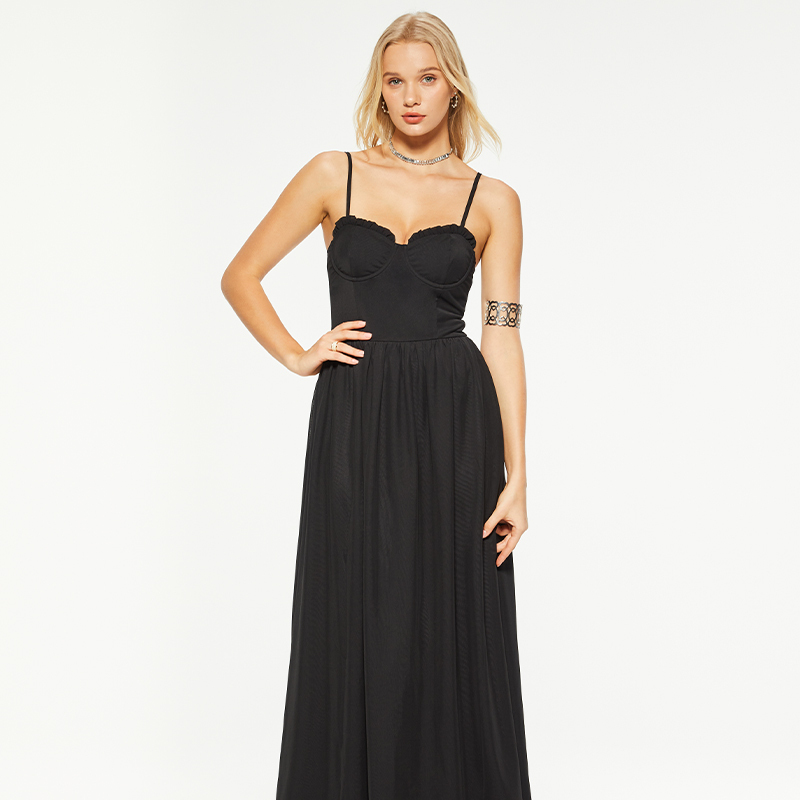 Formal black waisted lace trim long mesh dress