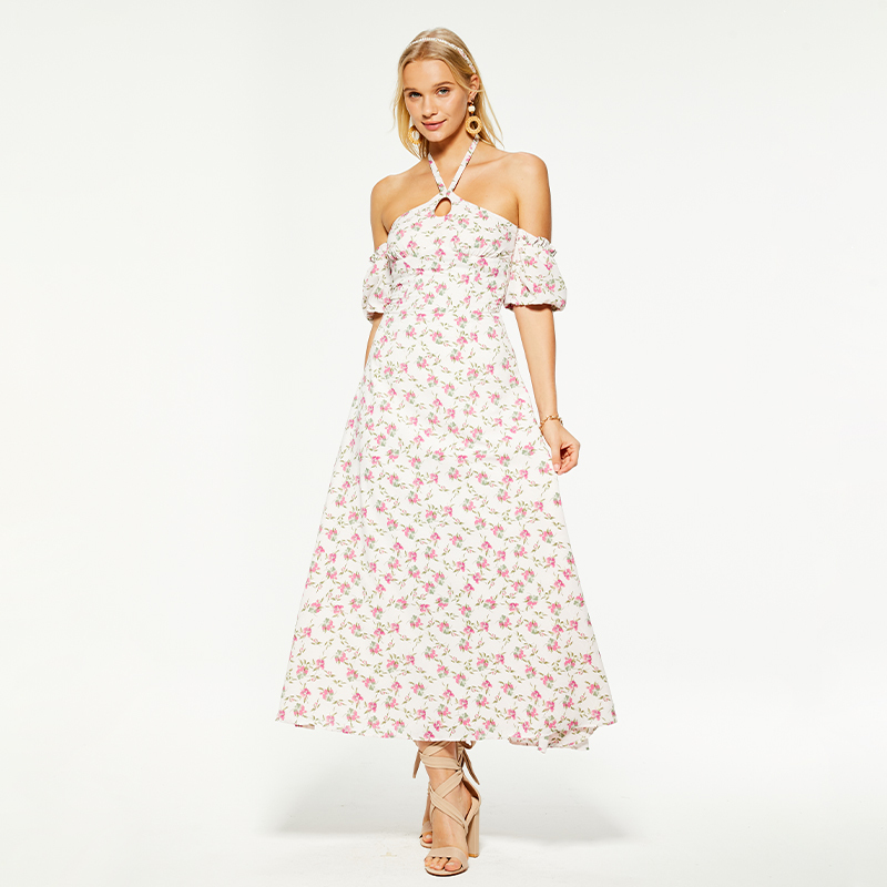 Resort halterneck puff sleeves backless maxi dress