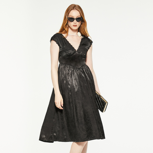 Black vintage v-neck lace trim suede dress