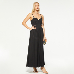 Formal black waisted lace trim long mesh dress