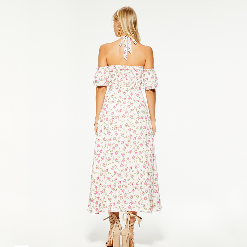 Resort halterneck puff sleeves backless maxi dress