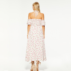 Resort halterneck puff sleeves backless maxi dress