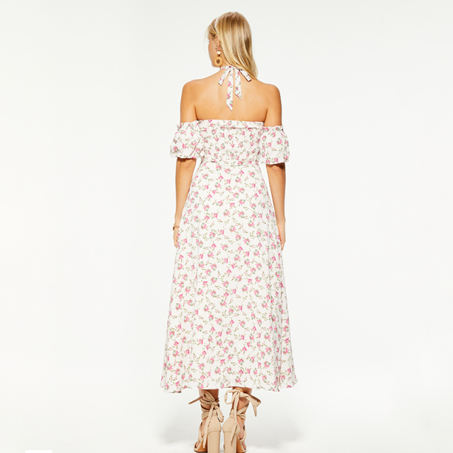 Resort halterneck puff sleeves backless maxi dress