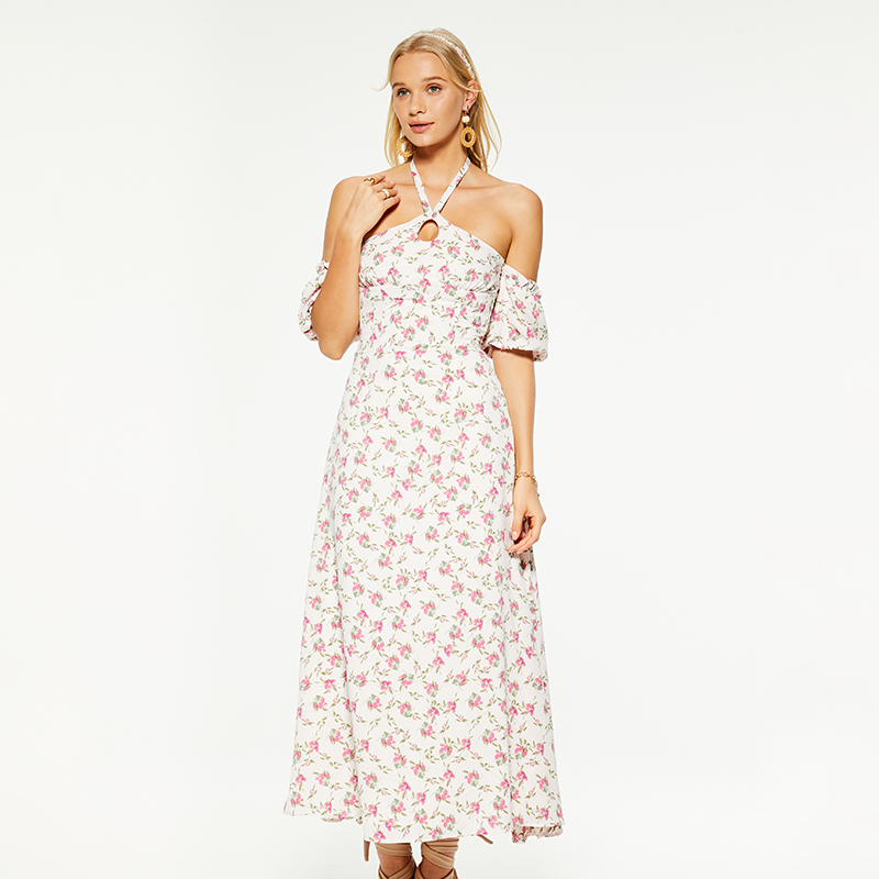 Resort halterneck puff sleeves backless maxi dress