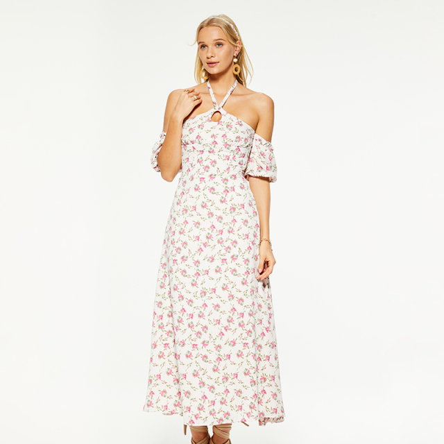 Resort halterneck puff sleeves backless maxi dress