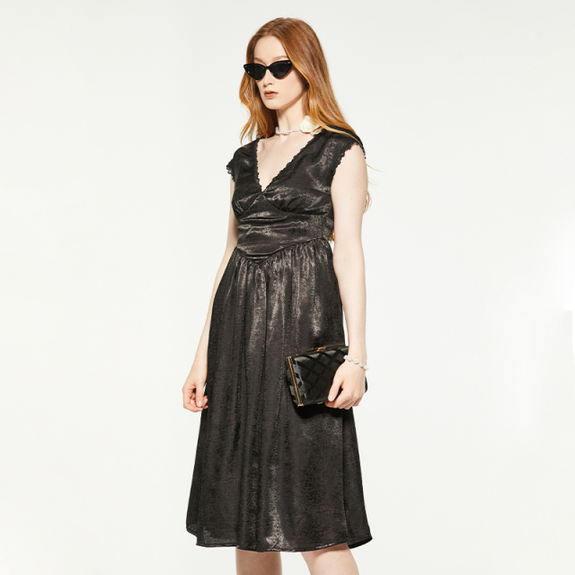 Black vintage v-neck lace trim suede dress