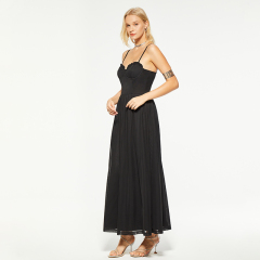 Formal black waisted lace trim long mesh dress
