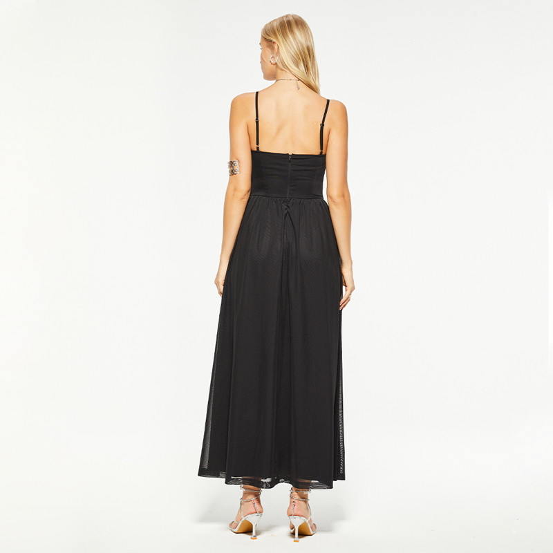 Formal black waisted lace trim long mesh dress
