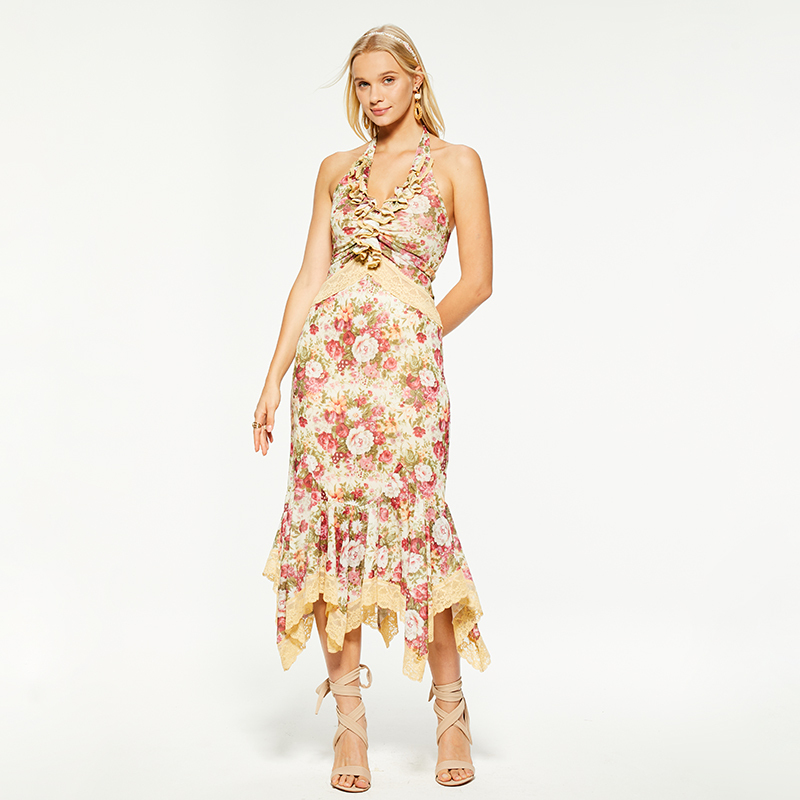 Halterneck v-neck floral print irregular hem dress