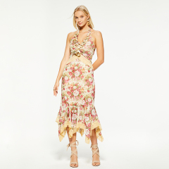 Halterneck v-neck floral print irregular hem dress