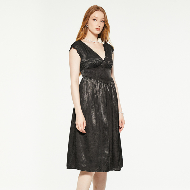 Black vintage v-neck lace trim suede dress