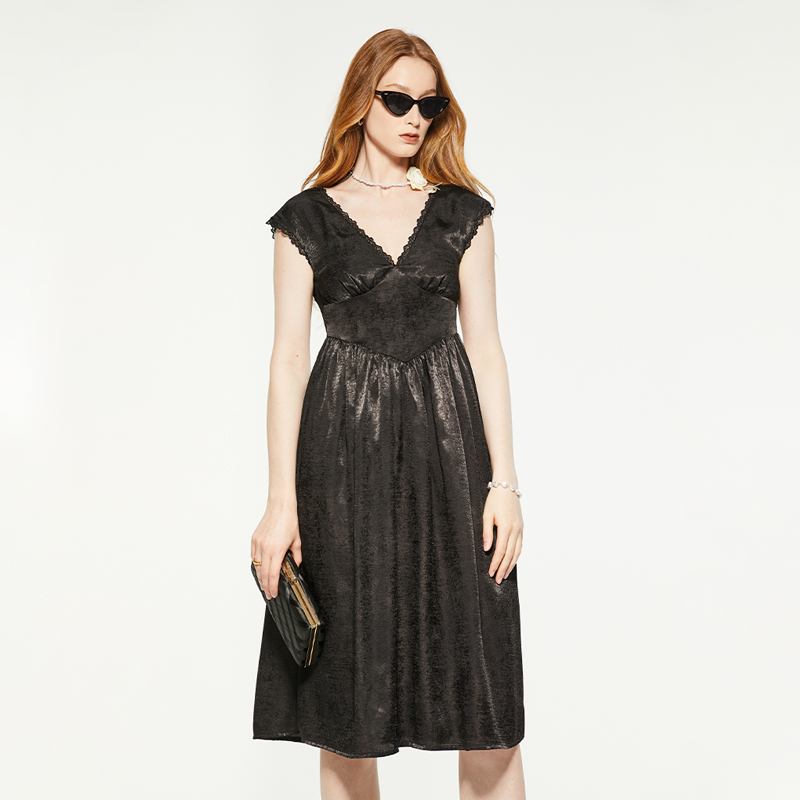 Black vintage v-neck lace trim suede dress