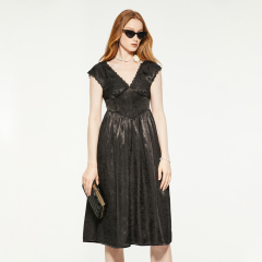 Black vintage v-neck lace trim suede dress