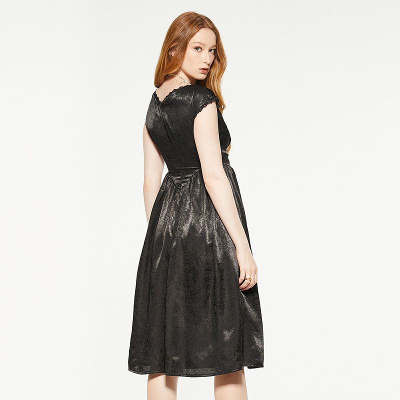 Black vintage v-neck lace trim suede dress