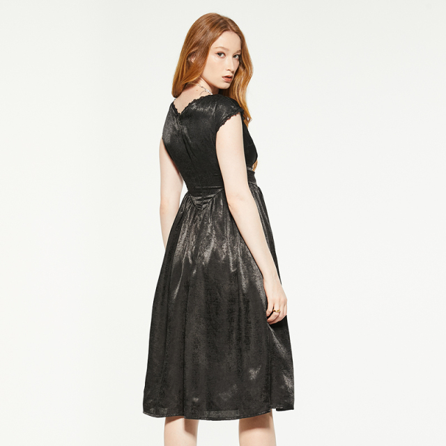 Black vintage v-neck lace trim suede dress