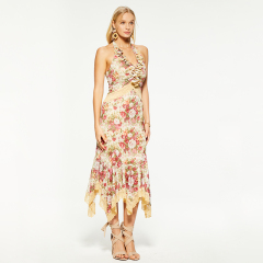 Halterneck v-neck floral print irregular hem dress
