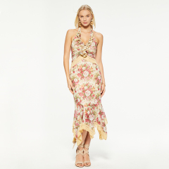 Halterneck v-neck floral print irregular hem dress