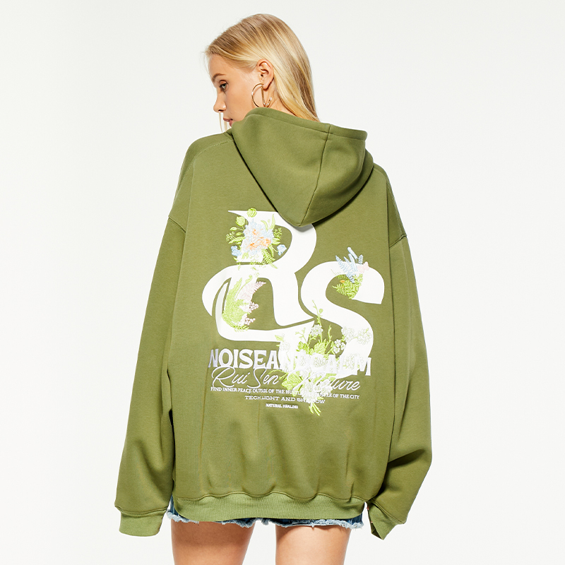 OEM casual loose printed zipper hooded sweatshirt