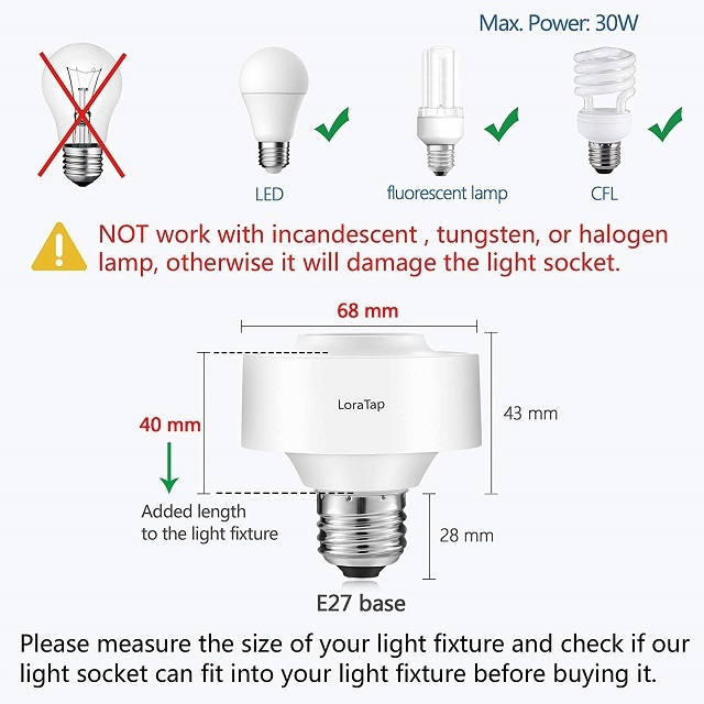 LoraTap Wireless Remote Control E27 Light Bulb Socket Lamp Switch Kit