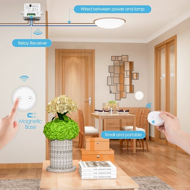 Remote Control Wireless Light Switch with Tiny Relay Module 2500W Magnetic Wall Switch or Be Portable 200m Range Easy to Install