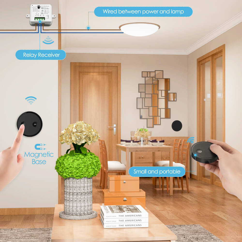 LoraTap Black Magnetic Wireless Lights Switch Kit (2-button remote and one relay receiver) 868Mhz for EU market