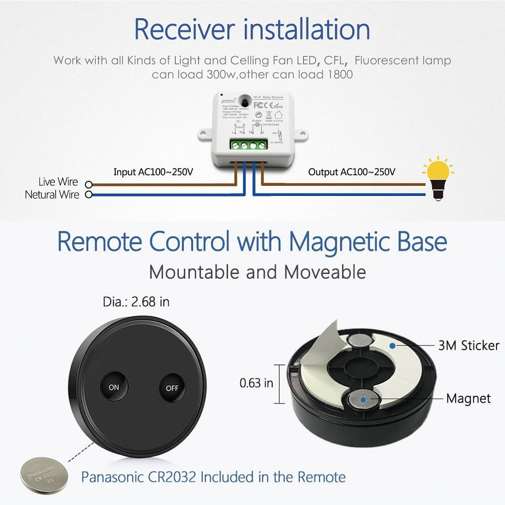 Remote Control Wireless Light Switch with Tiny Relay Module 2500W Magnetic Wall Switch or Be Portable 200m Range Easy to Install (Black)