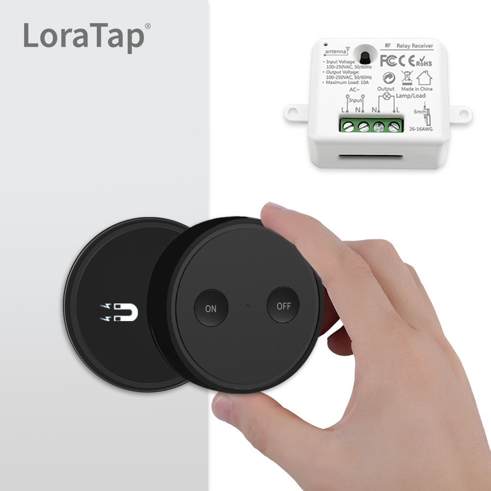 Remote Control Wireless Light Switch with Tiny Relay Module 2500W Magnetic Wall Switch or Be Portable 200m Range Easy to Install (Black)
