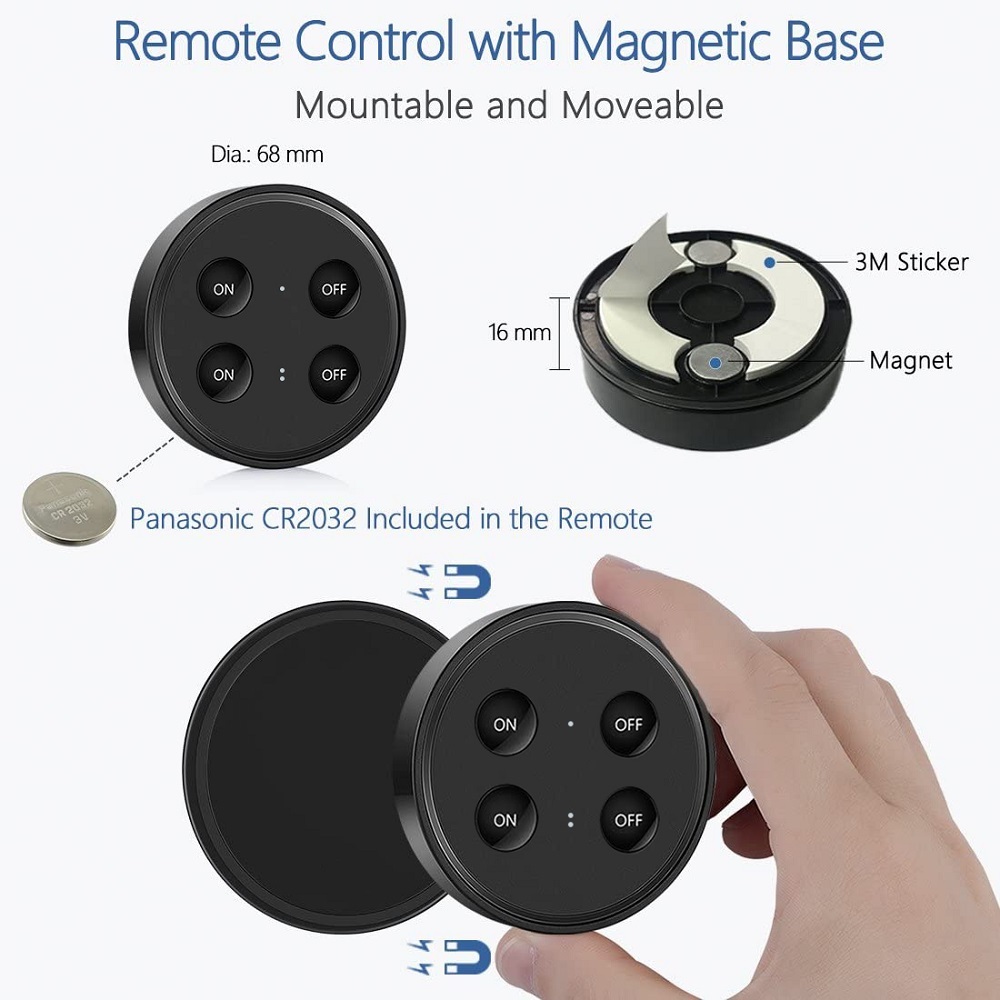LoraTap Magnetic Wireless Lights Switch Kit (One 4-button black remote and two relay receivers) 868Mhz for EU market