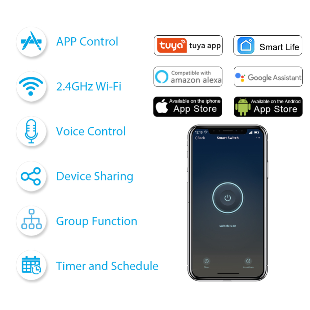 Tuya Smart Life Wifi Smart Light Switch Relay module Remote Control Google Home Alexa Echo Works with Wall Manual Switch 10A