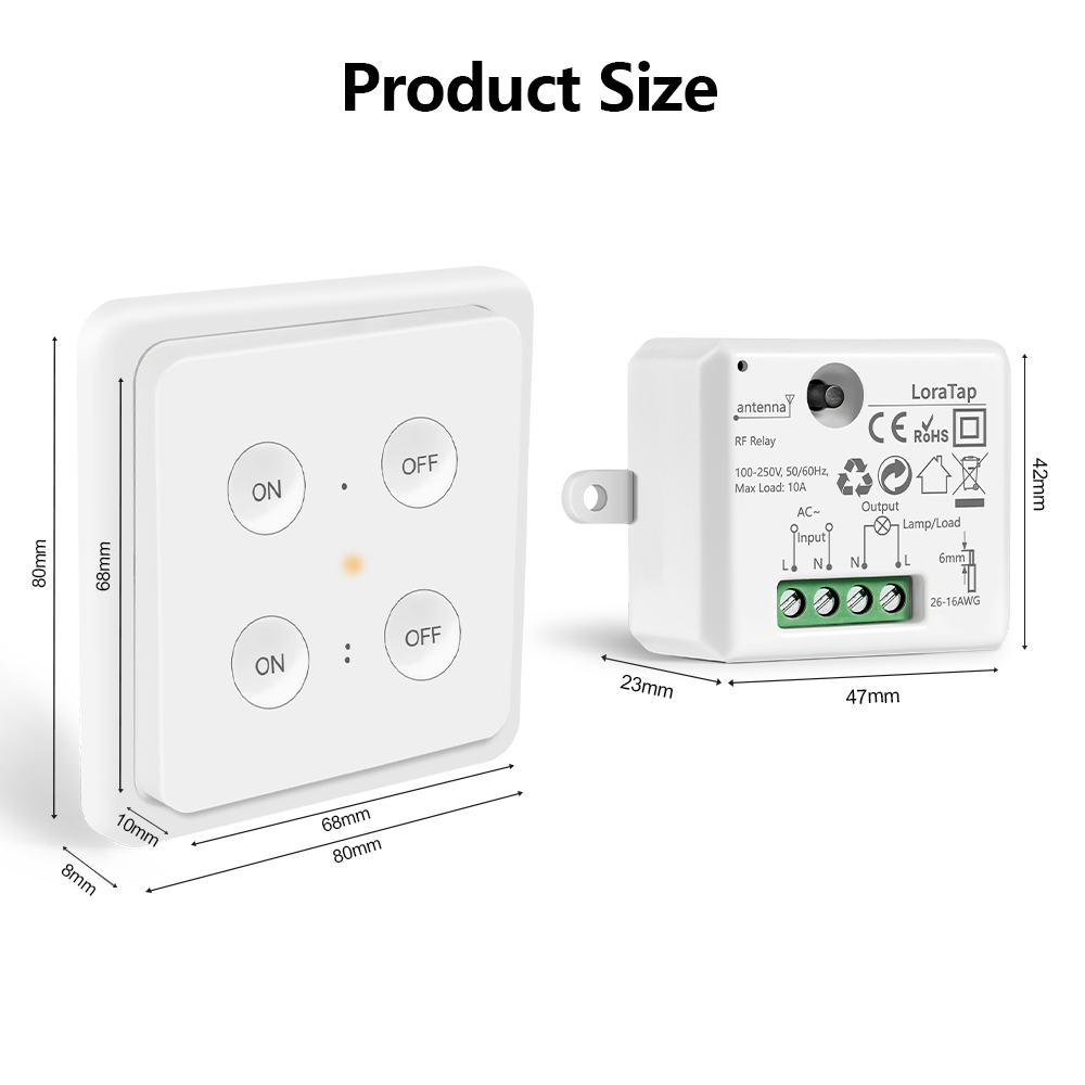 LoraTap Wireless Wall Switch Kit, 1 Command + 2 868Mhz Radio Receivers, 200M Range, Back and forth, Remote Switch, ON/OFF Remote Control for Lamp
